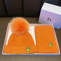 ht005 cute infant baby pompon winter hat scarf sets real natural fur ball caps mother kids warm knitted hats beanies