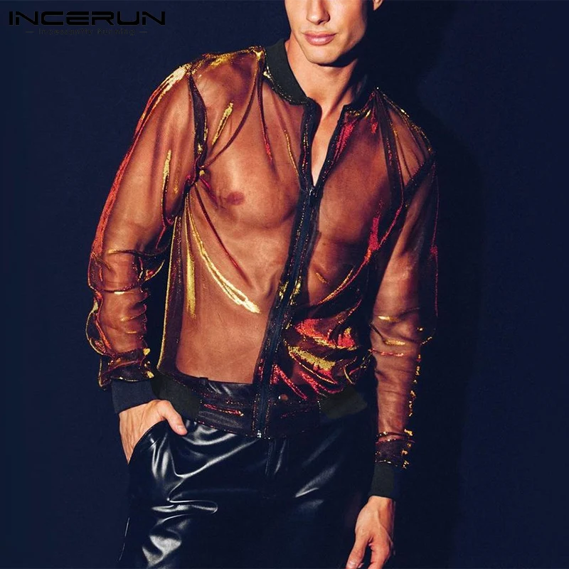 

Men Shirt 2022 Mesh Patchwork Zipper Long Sleeve Streetwear Transparent Camisas Party Nightclub Sexy Men Clothing S-5XL INCERUN