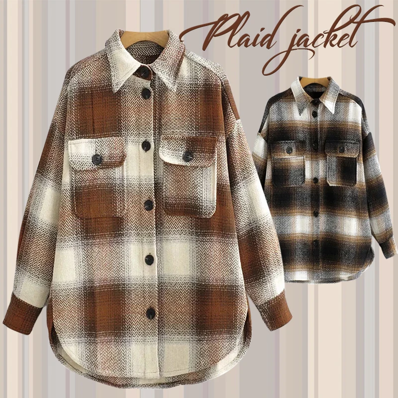 

High Quality Women's Fashion Long Sleeve Winter and Autumn Plaid Woolen Coat Ladies Thick Jacket Long Overcoats Loose Jacket