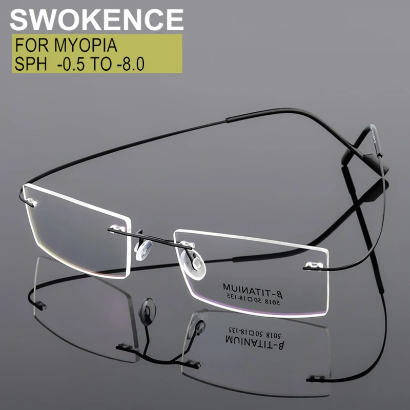 

SWOKENCE Очки для близорукости для мужчин и женщин, с диоптриями от -0,5 до-8.0, прямоугольные из титанового сплава, очки без оправы для зрения для а...