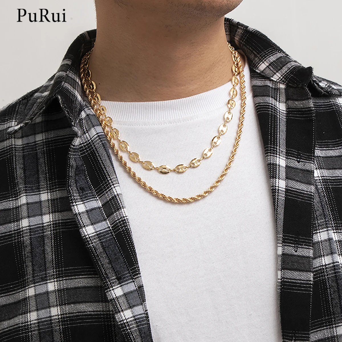 

PuRui 2Pcs/Set Steampunk Pig Nose Iron Material Chain Choker Necklace Hip Hop Double Strand Twisted Clavicle Chains For Women