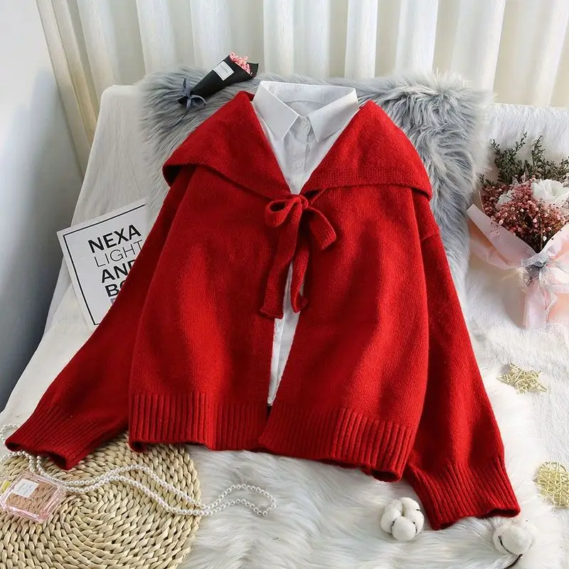 

Red cardigan women's knitting sweater coat 2021 New Year's cloak bat spring dress lazy wind knitting foreign style top