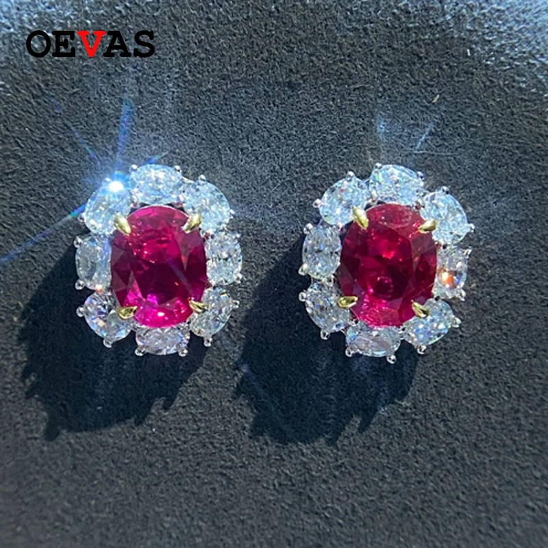 

OEVAS Earrings 925 Sterling Silver Fine Jewelry Sparking 7*9MM Oval Ruby Stud Earrings For Women Shiny 3*4 White Zircon Jewelry