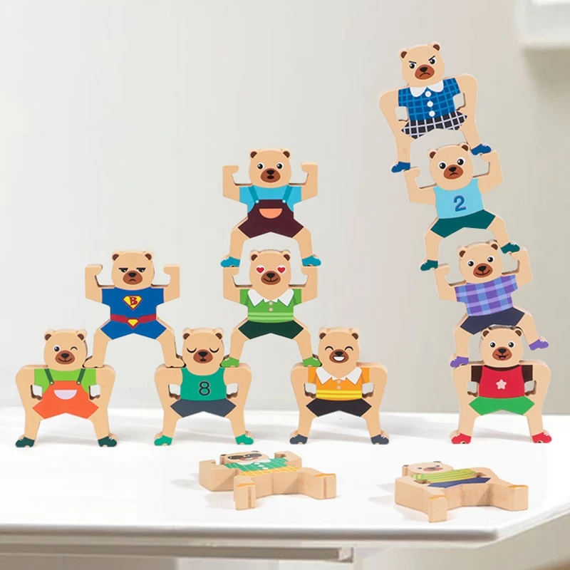 

Wooden Counting Bears Interlock Toys Balance Stacking High Building Blocks Games Toddlers Kids Educational Toys (12Pc)