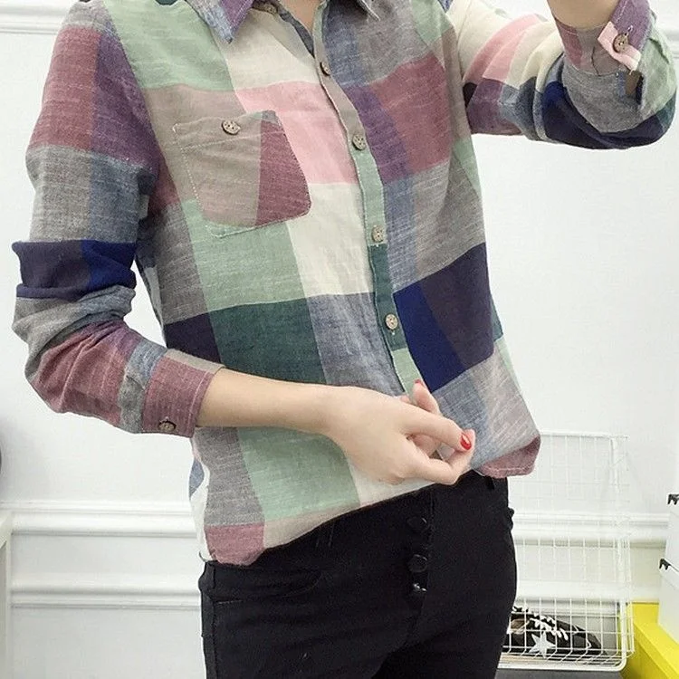 

Блузка женская цветная в клетку, Топ с длинным рукавом, рубашка