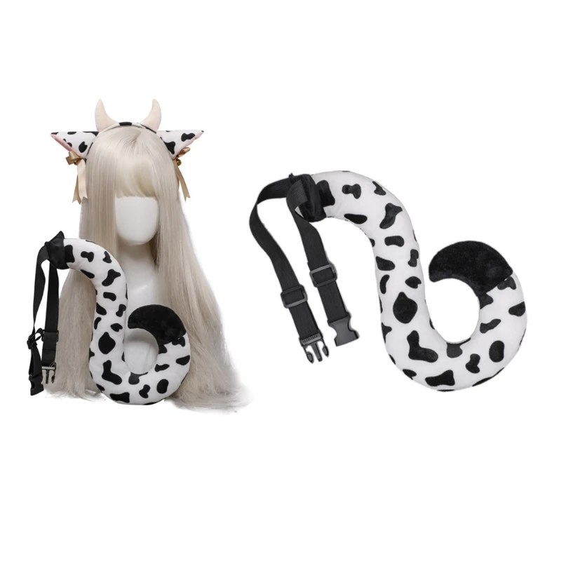 

X5XD Animal Cow Ears Headband with Bow Lolita Headwear Long Tail Cow Hair Hoop Set