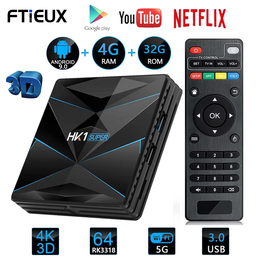 

HK1 Super TV Box Android 10.0 RK3318 Quad Core 4G 16G/32G/64G/128G 4K Media Player Smart Set Top Box 2.4G/5G Dual WiFi USB BT4.0