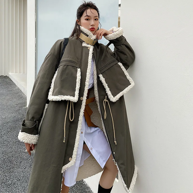 

2021 winter new style cotton-padded jacket, fashion temperament, long black-gray lapel long-sleeved cotton jacket