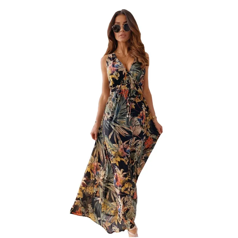 

Sexy Deep V Neck Print Boho Sleeveless Backless Maxi Dress 2021 Summer Casual Tank Vintage Long Dresses For Women Robe Femme