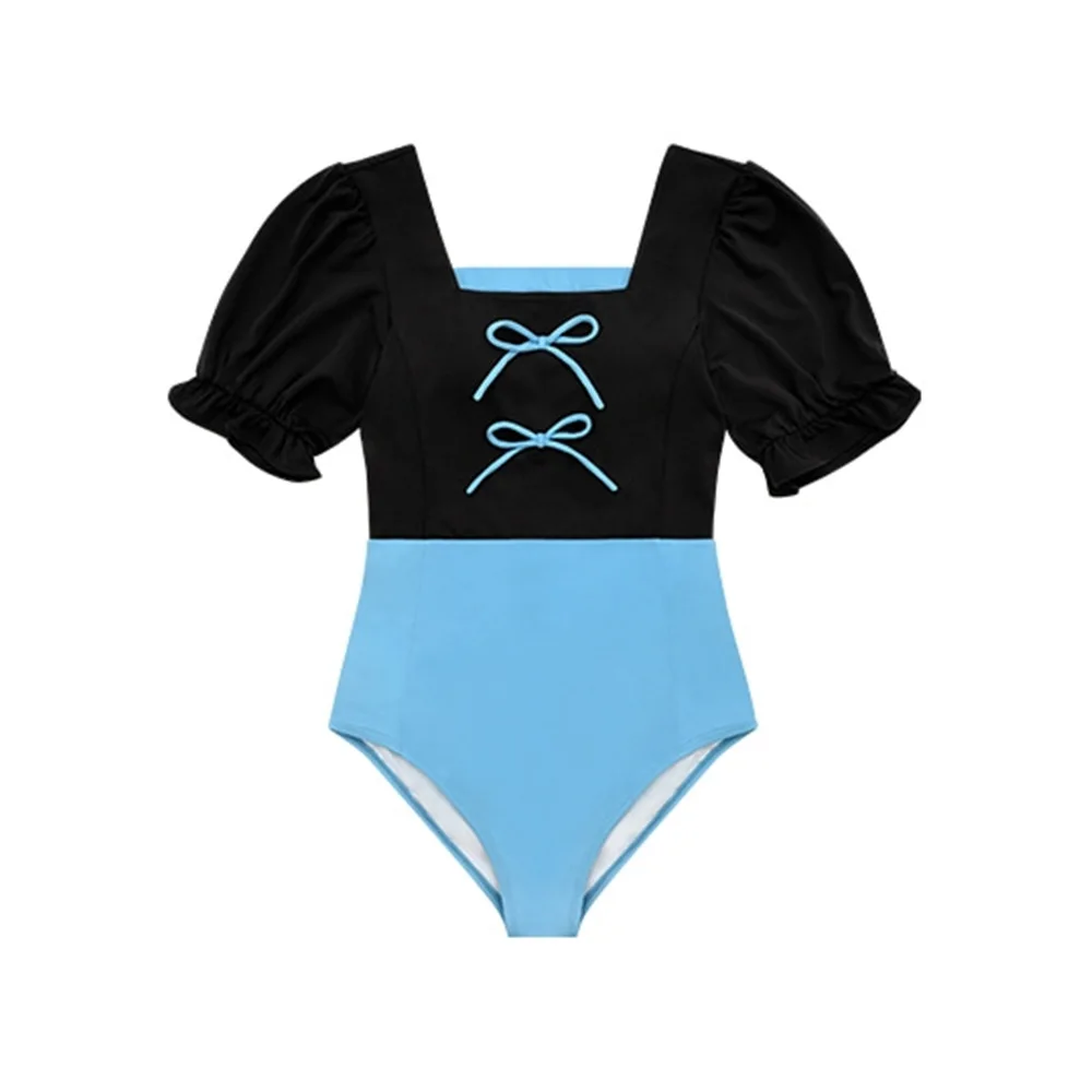 

Solid One Piece Swimsuit 2021 Vintage Swimwear Women Bow Monokini Sexy Bodysuit Patchwork Bathing Suit Puff Sleeve Beach Wear