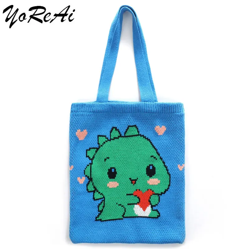 

YoReAi Cartoon Ladies Cute Dinosaur Handbag Foldable High Capacity Women Shoulder Bags Reusable Shopping Bag Student Schoolbag