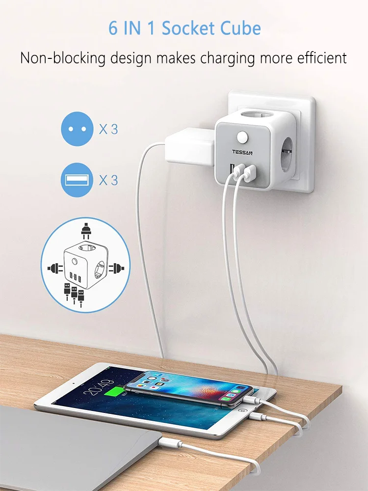 Сетевая розетка TESSAN с 3 розетками USB-порта 100-250 В |