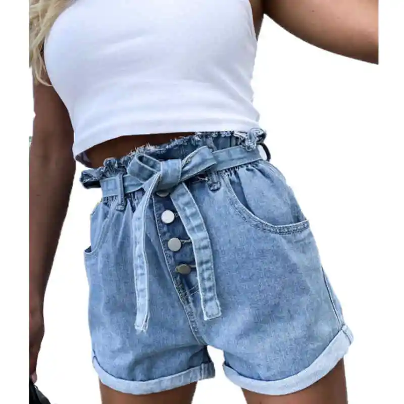 Womans Lace Crimping Denim Shorts Button Fly Bud Cute High Waist Spandex Sky Blue Jeans Shorts Pants Dropshipping