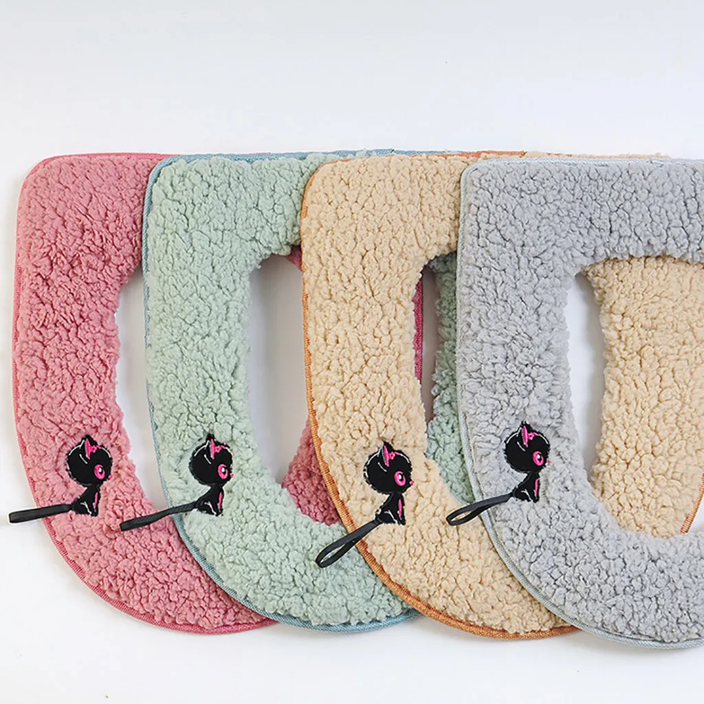 Cute Embroidered Cartoon Thicken Toilet Seat Cover Mat Sticky Button Closes Tool Lid Accessories Soft Cushion | Дом и сад