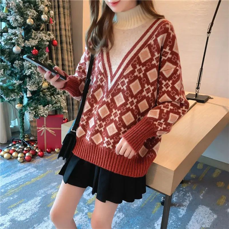 

2021 autumn and winter new retro high collar padded bottoming ladies sweater loose Korean fashion foreign style jacket tide