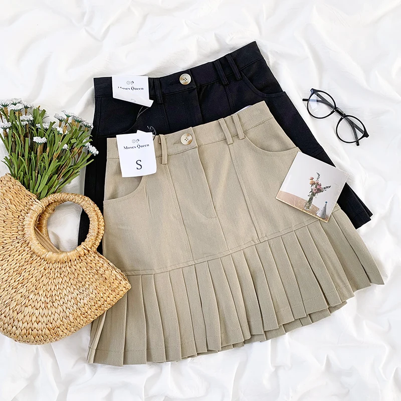 

Japanese retro college style high waist bag hip solid color simple wind pleated skirt