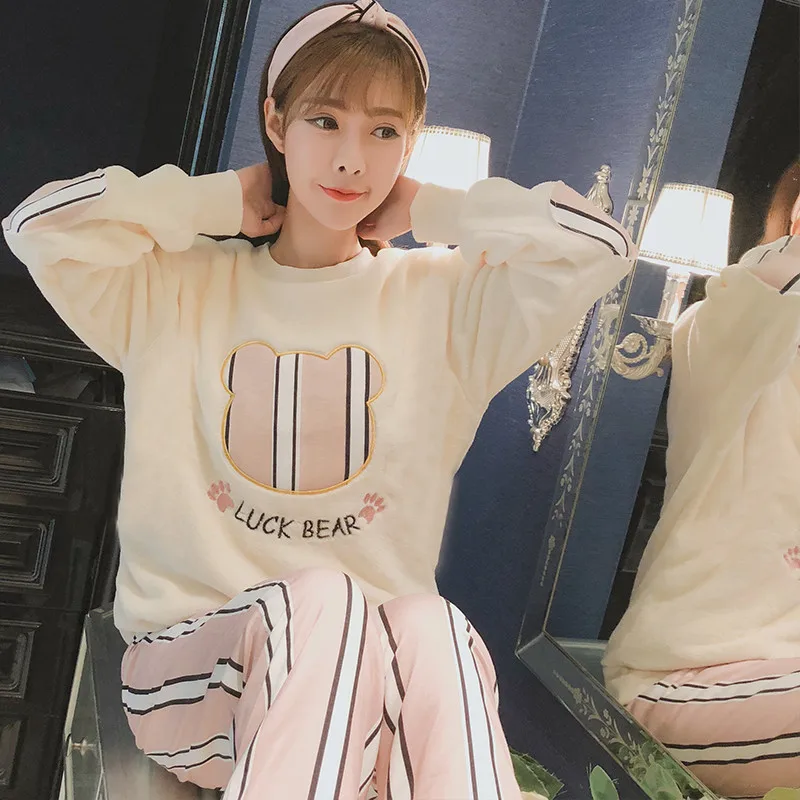 Autumn Winter Women Pyjamas Sets Pajamas Sleepwear Suit Thick Warm Coral Flannel Nightgown Female Cartoon Pijama Mujer | Женская одежда