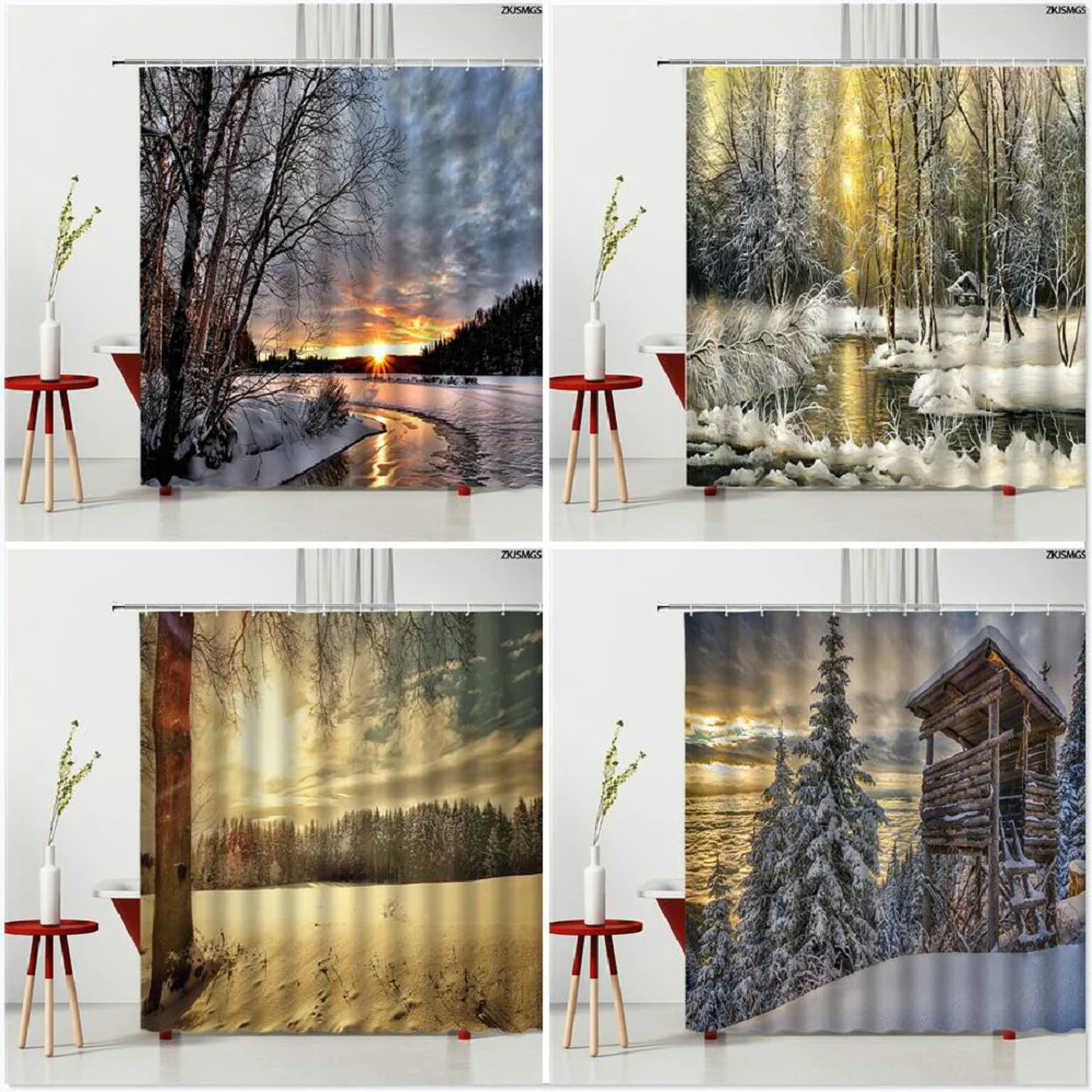 Занавеска для душа с крючками водонепроницаемая Шторка ванной изображением леса