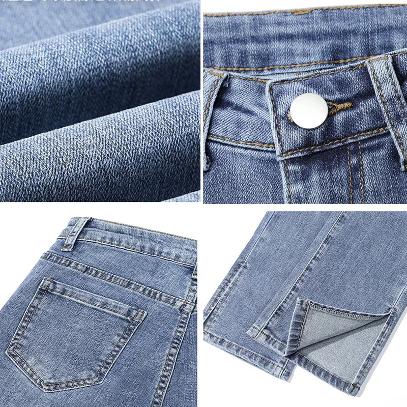 

Solid Jeans Women Straight Slim Denim Plus Size Korean Style Side Slit Ankle-length College Trendy All-match Female Bottom Chic