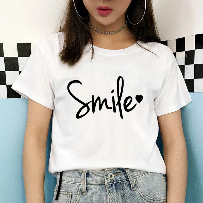 

Smile Letter Print T Shirt Women Short Sleeve Woman O Neck Loose Summer Tee Shirt Camisetas Mujer Street hip hop short sleeves