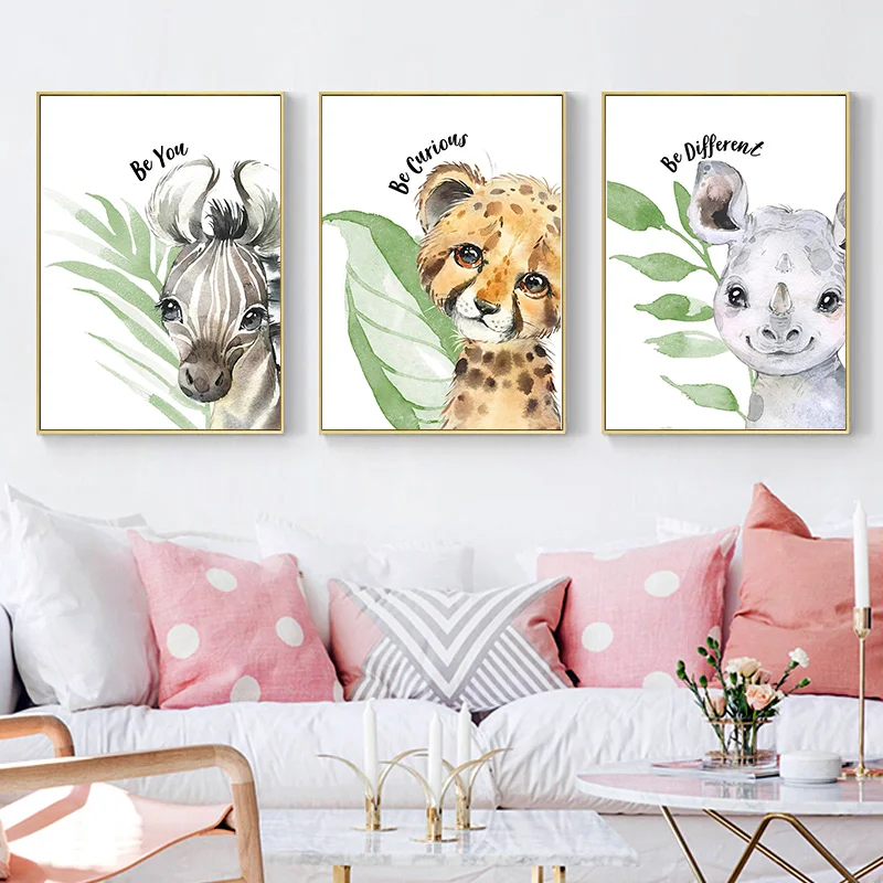 Животные акварель Wall Art Холст Картина Nordic Плакаты и принты рисунки для детской