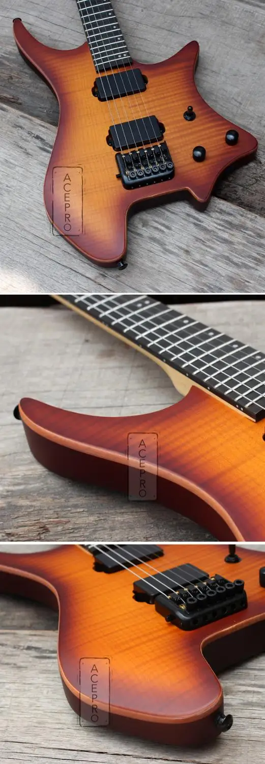 Электрогитара Sunburst черная без головы с верхом из огненного клена | Спорт и