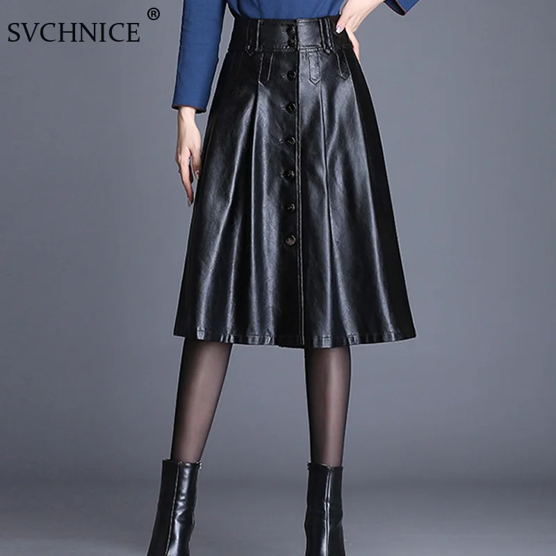 Новый искусственная кожа юбка трапециевидной формы для женщин 2021 Кнопка Ретро