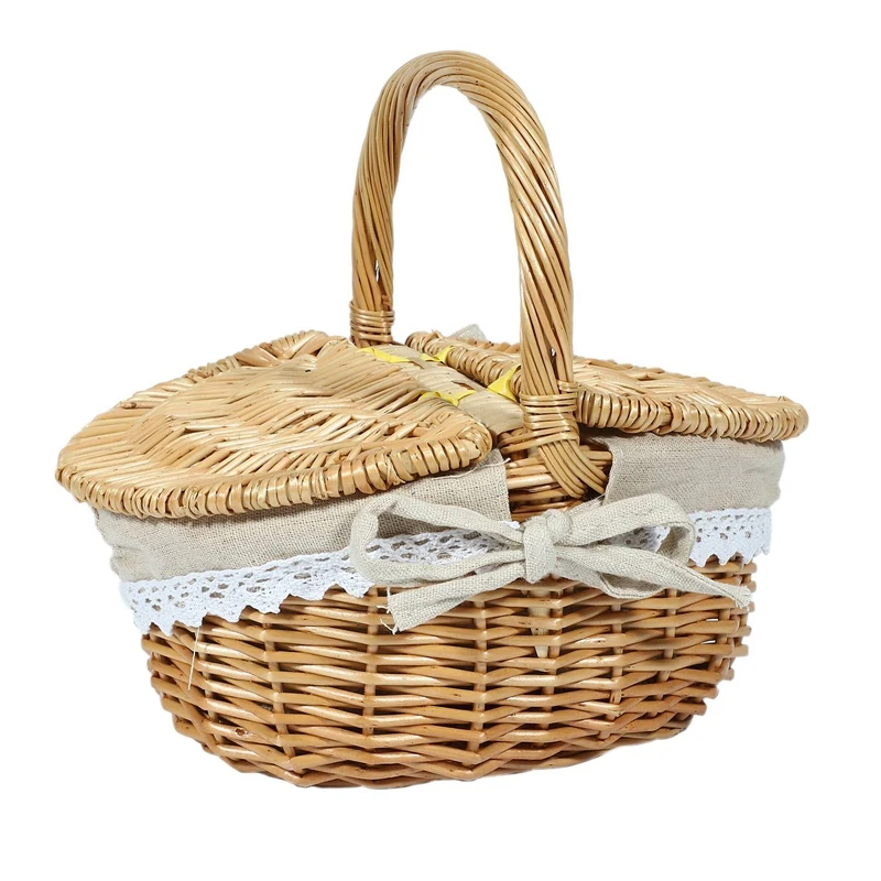 

Handmade Wicker Basket with Handle, Wicker Camping Picnic Basket with Double Lids, Shopping Storage Hamper Basket with Cloth Lin