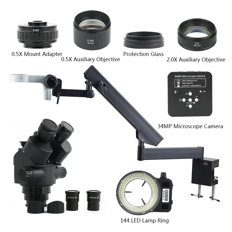 

Тринокулярный стереомикроскоп, 1080-90X Simul, с фокусным зумом, с шарнирным рычагом, опорным столбом, с зажимом, 34 МП, 144 P HDMI, USB-видеокамерой и подс...