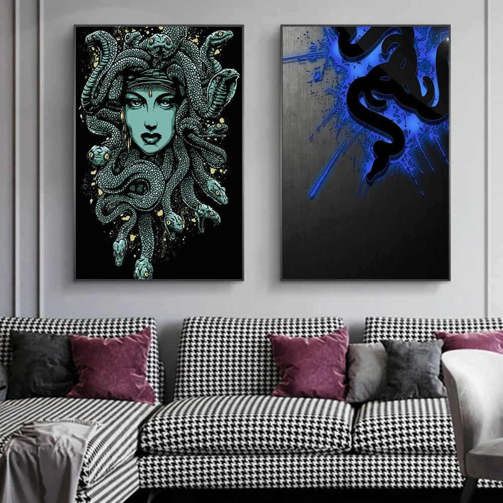 

Abstract Canvas Painting Art Wall Medusa Queen Head Blue Abstract Picture Posters HD Modern Classical Print Decorative Paintings
