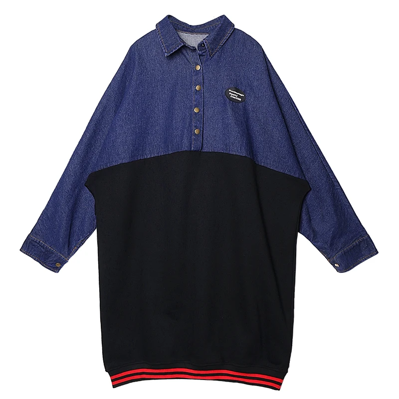 

Autumn and winter plus size dress female retro shirt collar stitching denim casual dress fat mm French thin dress reducing age