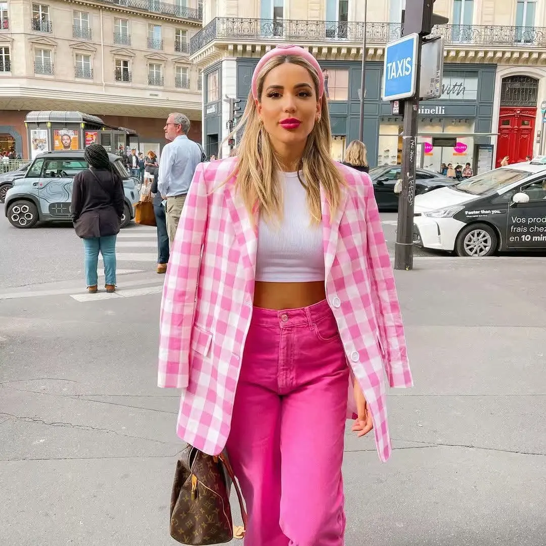 

JUNWU Spring Autumn Women's Pink Plaid Loose Suit Collar Single-Breasted Suit Jacket Loose Long-Sleeved Jacket Sweet Za British