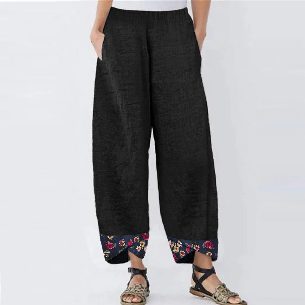 

Womens Elastic Waist Wide Legged Pants Casual Loose Floral Long Trousers