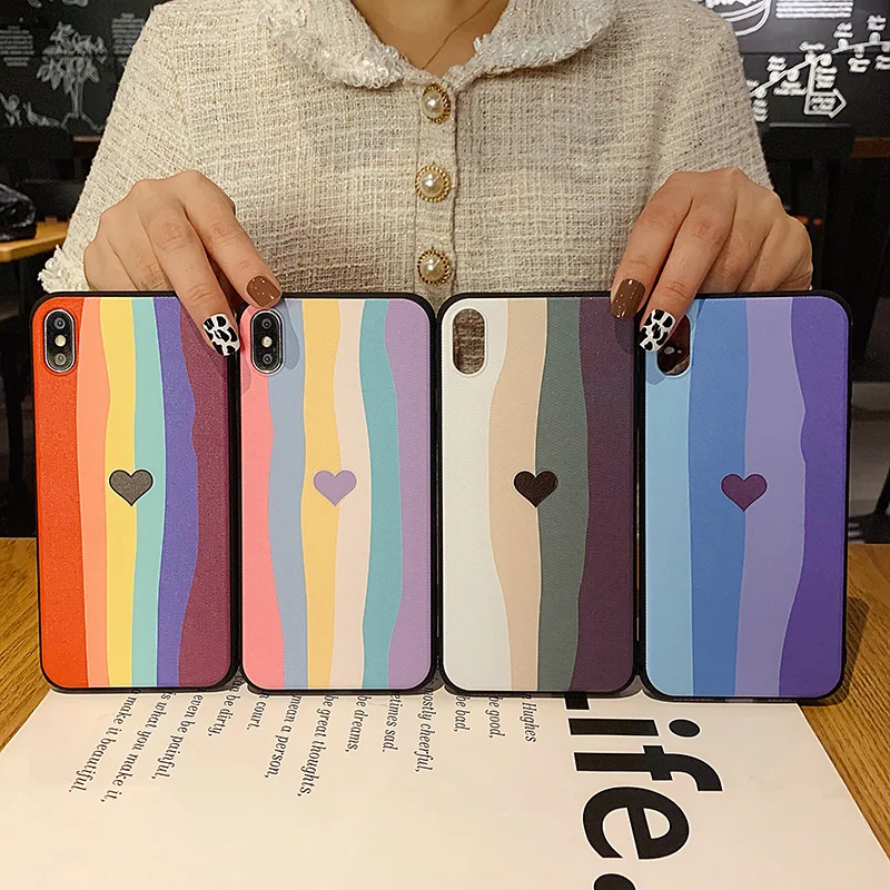 

Stereo Fall Proof Phone Case For iPhone 11 Pro Max SE X 12 Pro 8 7 Plus XR XS Max Case Simple Love rainbow Soft TPU