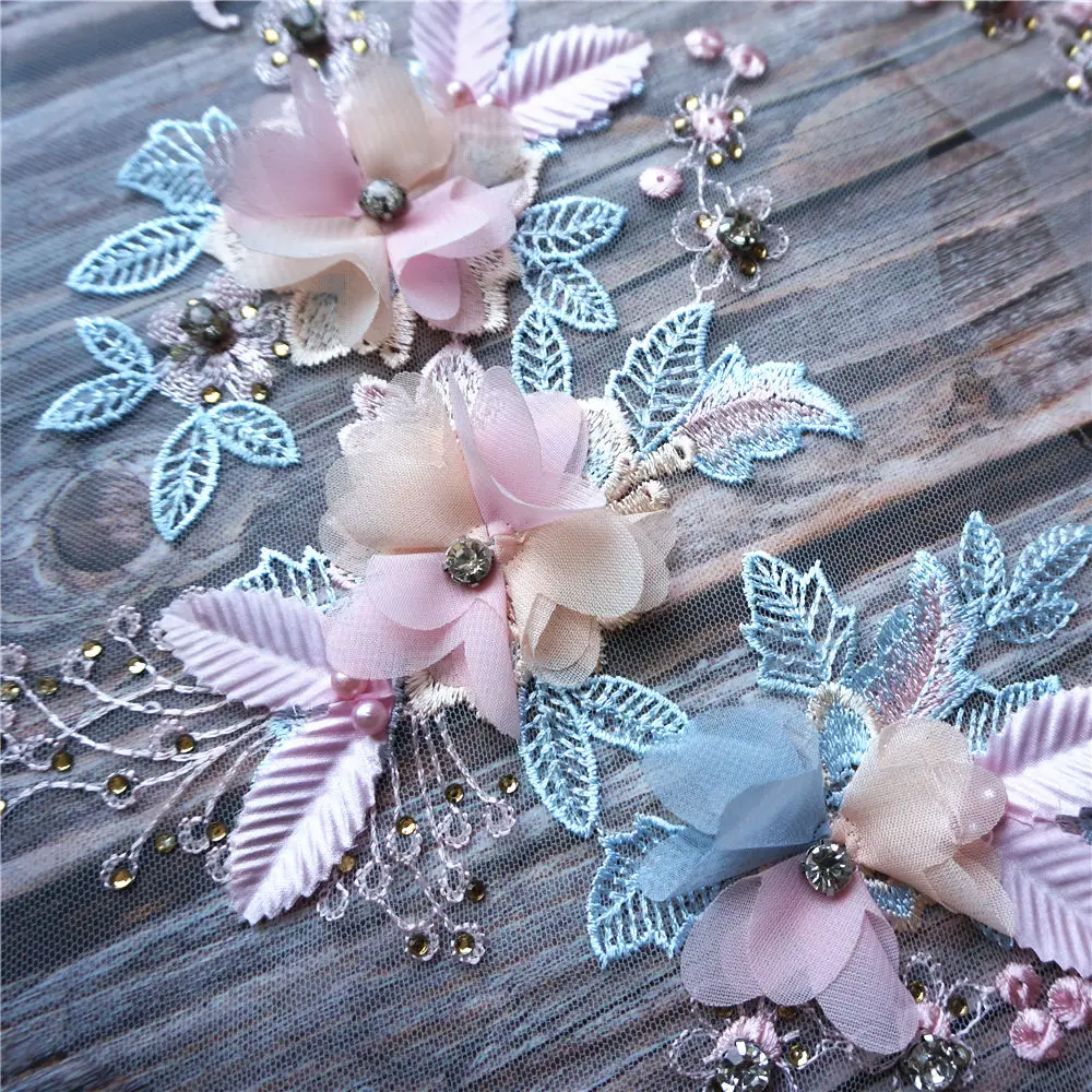 2 шт. розовые синие 3D Цветочные кружевные тканевые бусины Стразы вышитые