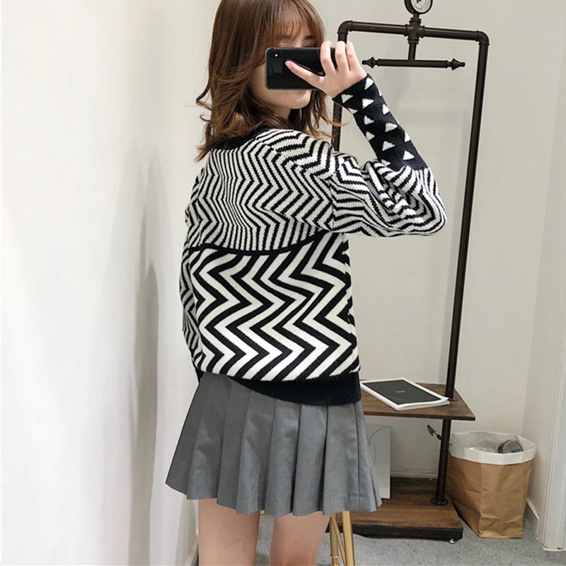 Осень-зима 2019 одежда женские свитера топы с длинным рукавом и геометрическим