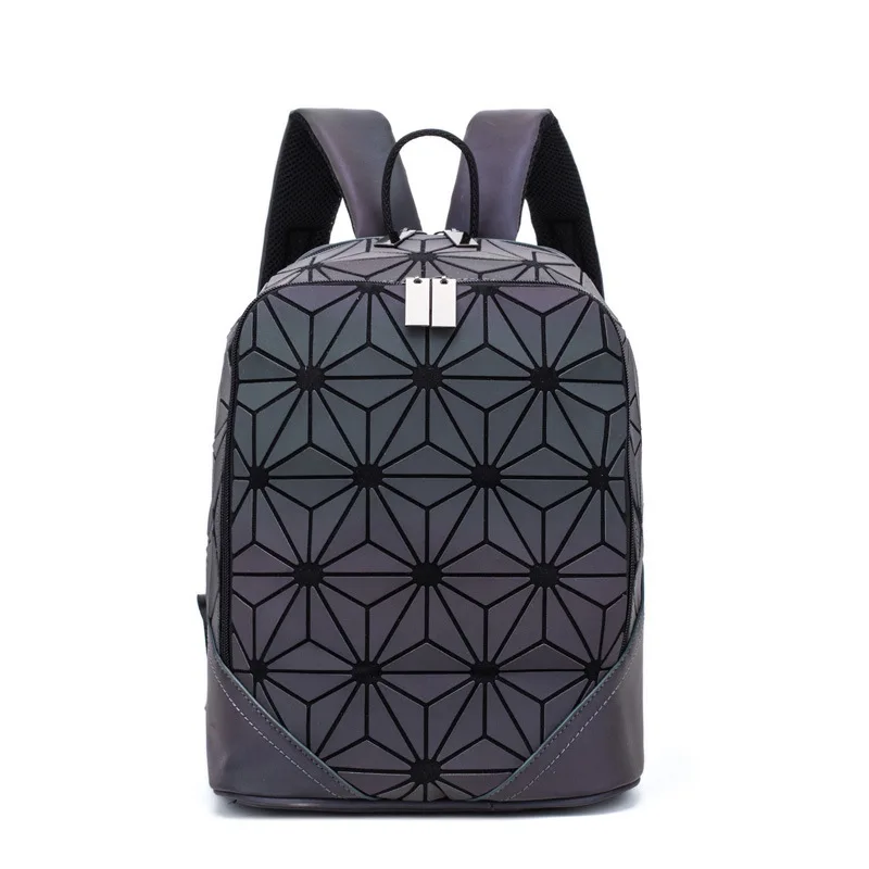

2021 New Leather Backpack Luminous Frosting College Schoolbag Tide Geometry Rhombic Backpack Splicing Women's Shoulder Bag