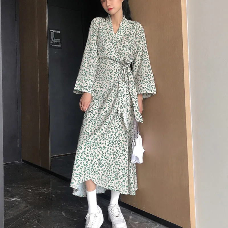 

Lace Up Dress For Women V Neck Long Sleeve High Waist Patchwork Ruched Asymmetric Casual Dresses Female Summer New Tide K285