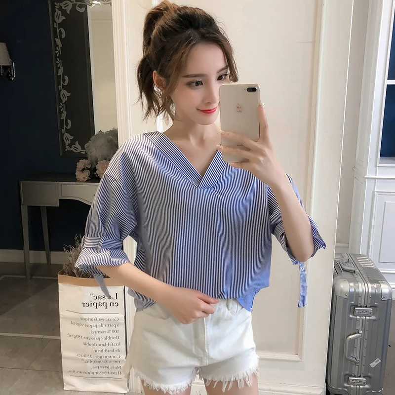 

Summer Korean Style Loose V-neck Scheming Design Non-mainstream Very Fairy of the Western Style Chiffon White Shirt Girl Blouse