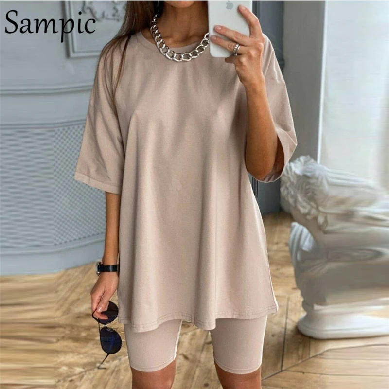 Женский костюм с круглым вырезом Sampic белый и хаки топ коротким рукавом