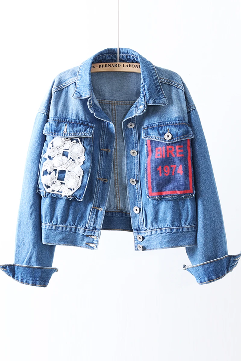 

QING MO Women Denim Jacket 2021 Autumn Women Letter Printed Coat Female Casual Baseball Coat Loose Fit ZQY4986