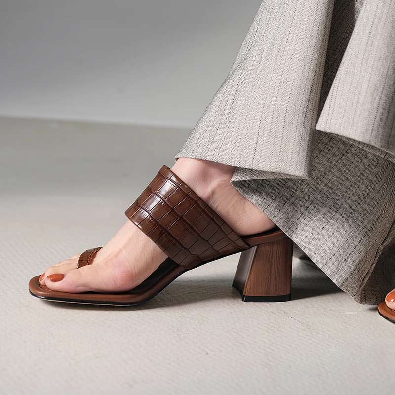 

Elegant Genuine Leather Women Mules Summer Thick high Heels ladies Pumps 2021 Casual Working House Shoes Woman