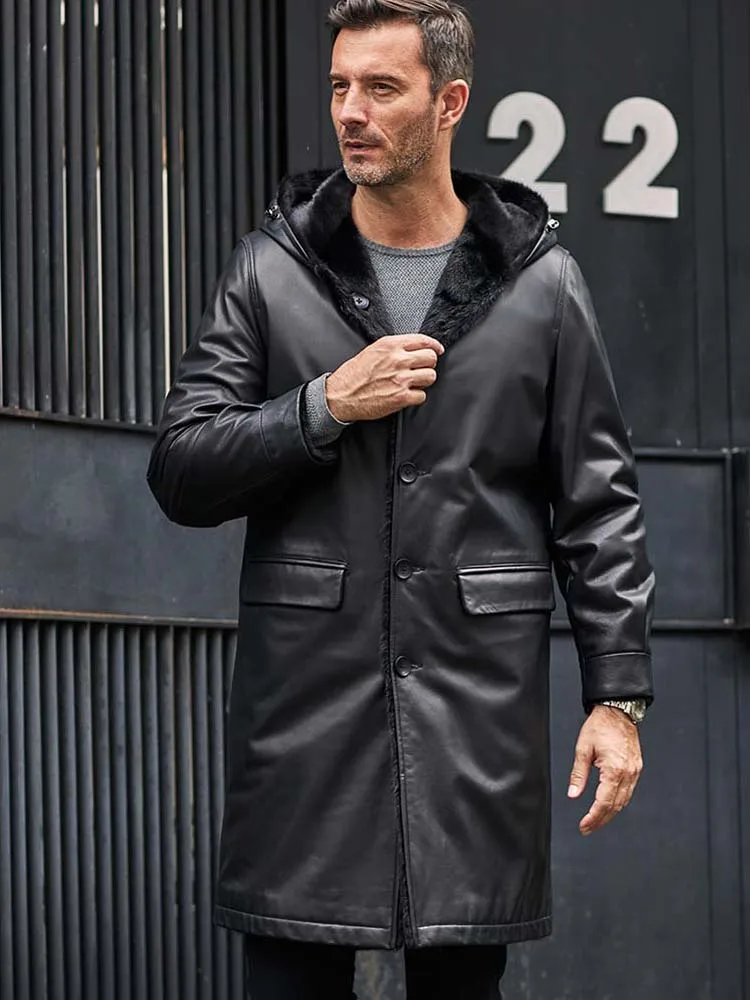 

Imported Cowhide Coat Mens Double-Sided Mink Overcoat Long Fur Parkas Black Leather Jacket