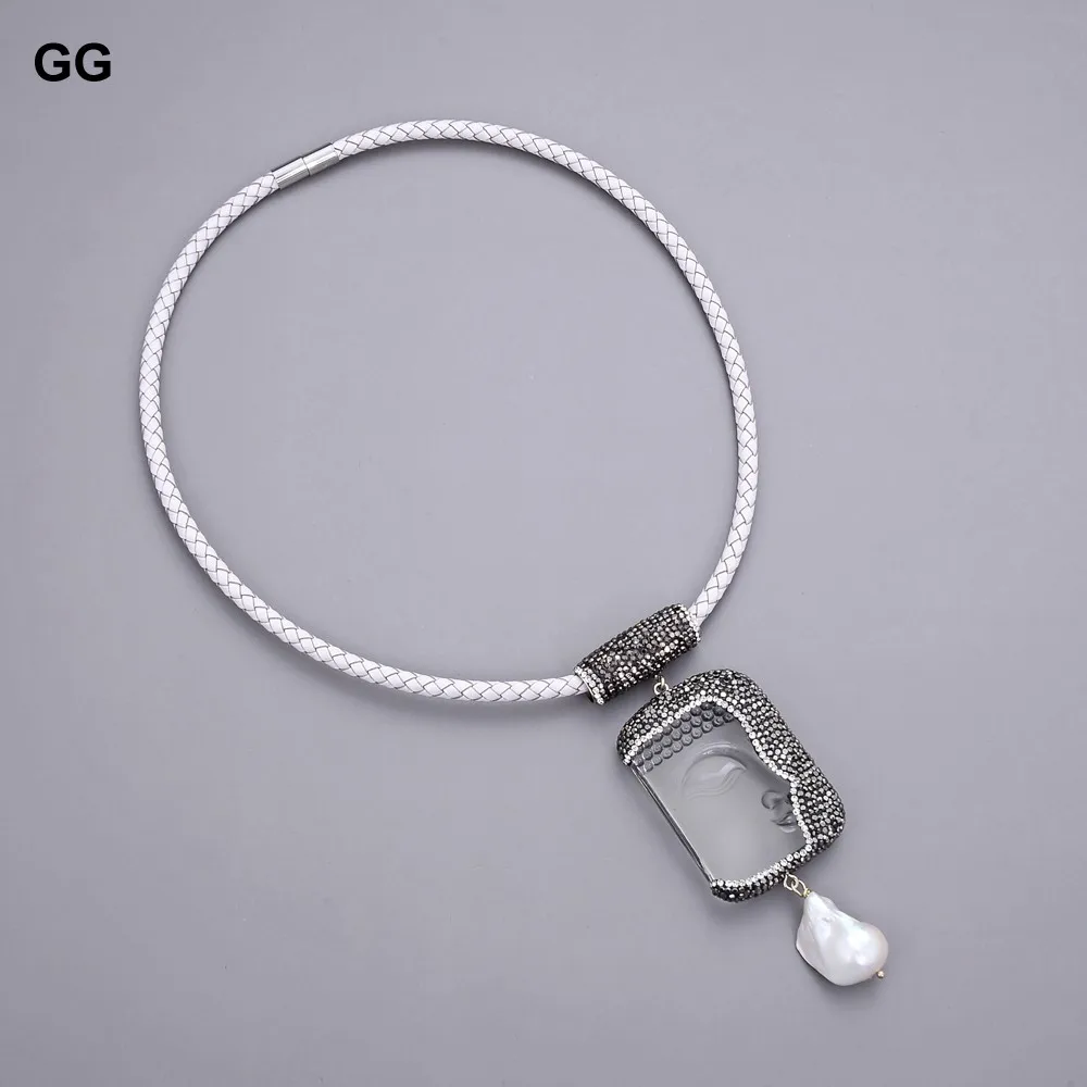 Ожерелье из белой кожи с жемчужинами и кристаллами|crystal buddha pendant|buddha pendantcrystal |