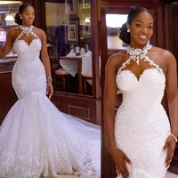 2020 plus size mermaid wedding dresses sleeveless sheer neck robe de mariee appliques lace backless bridal dress sexy black girl