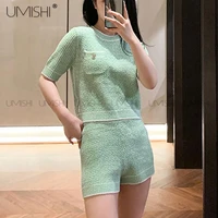 buttons pocket short sleeve o neck 2 piece set t shirt shorts knitted suits women 2021 summer french elegant sweet wind outfits