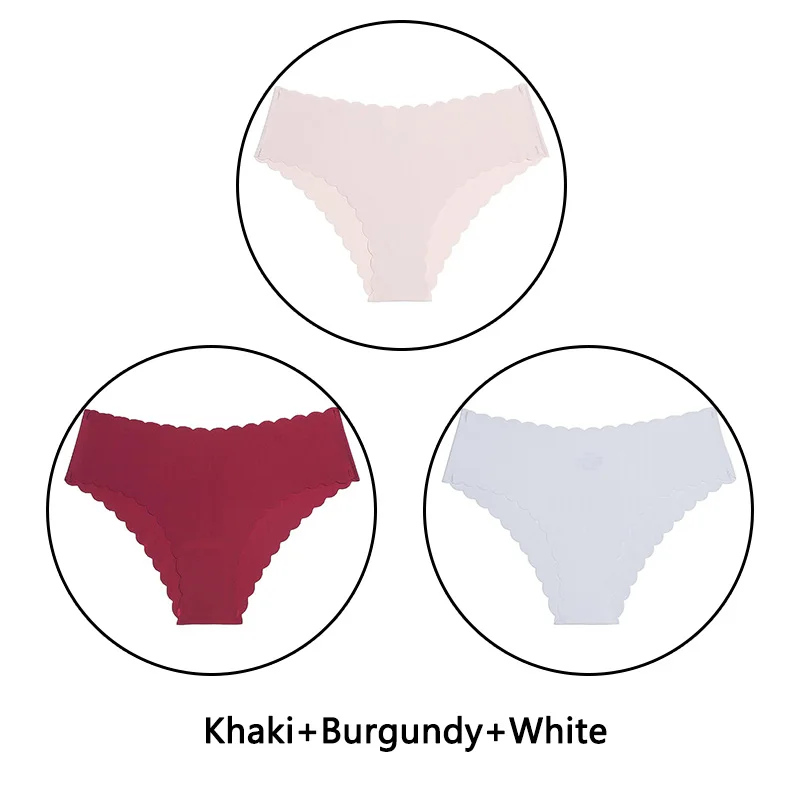 Khaki Burgundy White 3 шт./партия, сексуальные трусики с оборками женский сексуальный бесшовный трусики с низкой посадкой, однотонное мягкое нижнее белье, женские Ультра тонкие трусики, нижнее белье - Цвет: Khaki Burgundy White