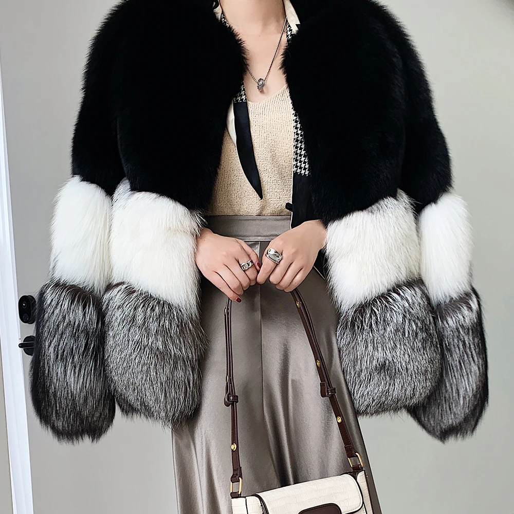 Luxury Women Natural Fox Fur Jacket Round Collar Fashion Color Patchwork Genuine Fox Fur Coats Female Thick Warm Fur Overcoats