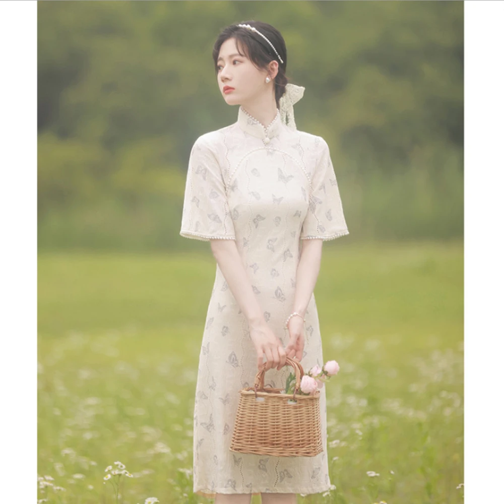 

Chinese Improved Cheongsams Summer Young Girls Short Sleeve Butterfly Printing Lace Dress Women Students Dresses