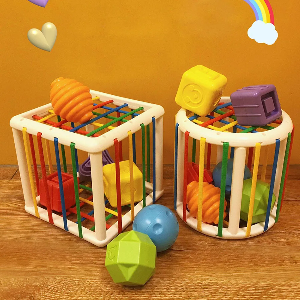 Baby Chunky Shape Blocks Cube Box Bin Toy With Elastic Bands Colorful Sorter Shapes Sorting Montessori Educational Toy For Kids